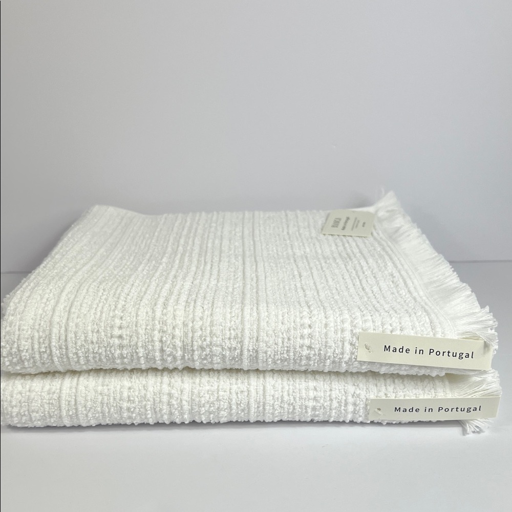 Bianca Bath Towels Luxurious White with Fringe Textured Portugal Set of 2 NEW
